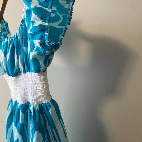 Handmade Children's 100% Cotton Blue Pattern White Elastic Waist Dress - Picture 7 of 10